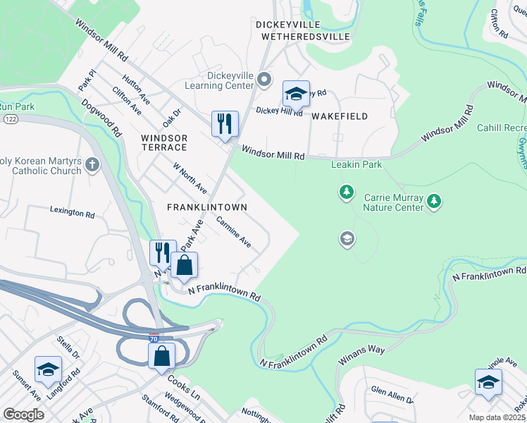 map of restaurants, bars, coffee shops, grocery stores, and more near 5136 Oaklawn Road in Baltimore