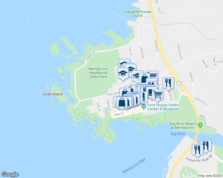 map of restaurants, bars, coffee shops, grocery stores, and more near 45340 Little Lake Street in Mendocino