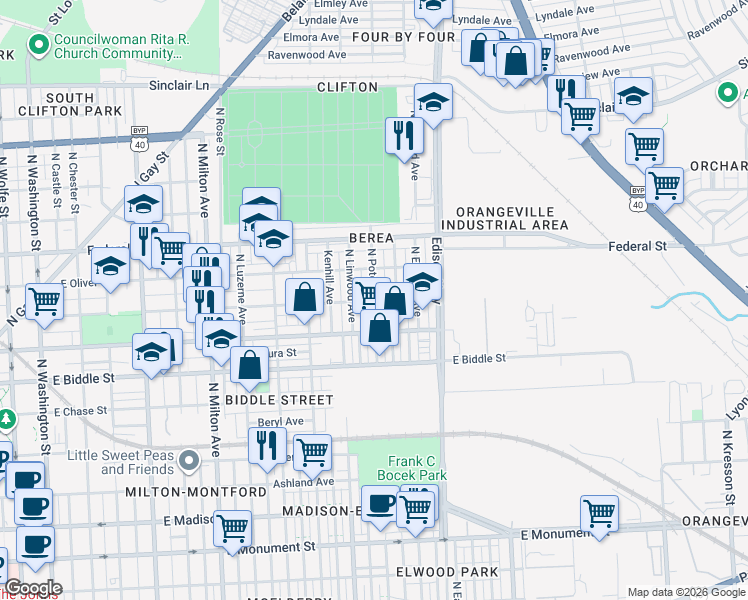 map of restaurants, bars, coffee shops, grocery stores, and more near North Potomac Street in Baltimore