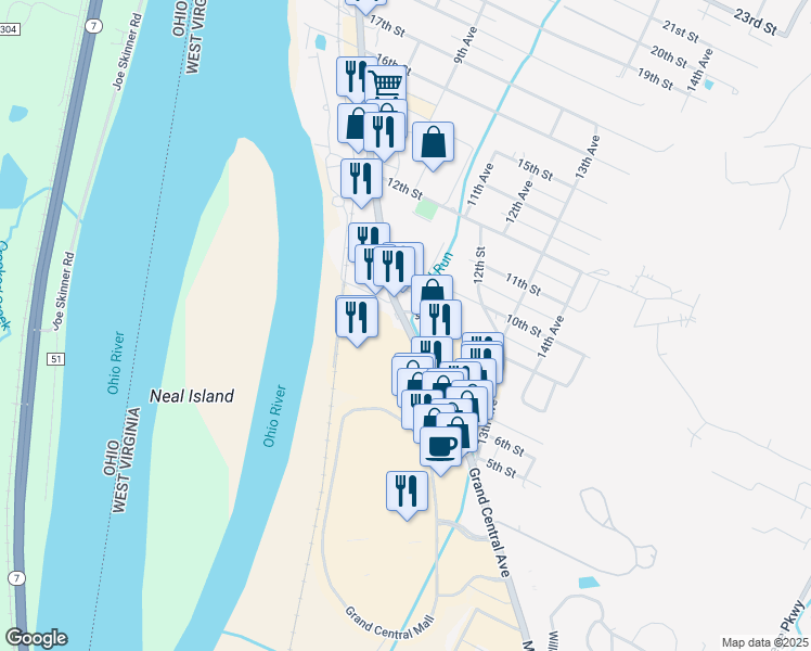map of restaurants, bars, coffee shops, grocery stores, and more near 815 Grand Central Ave in Vienna
