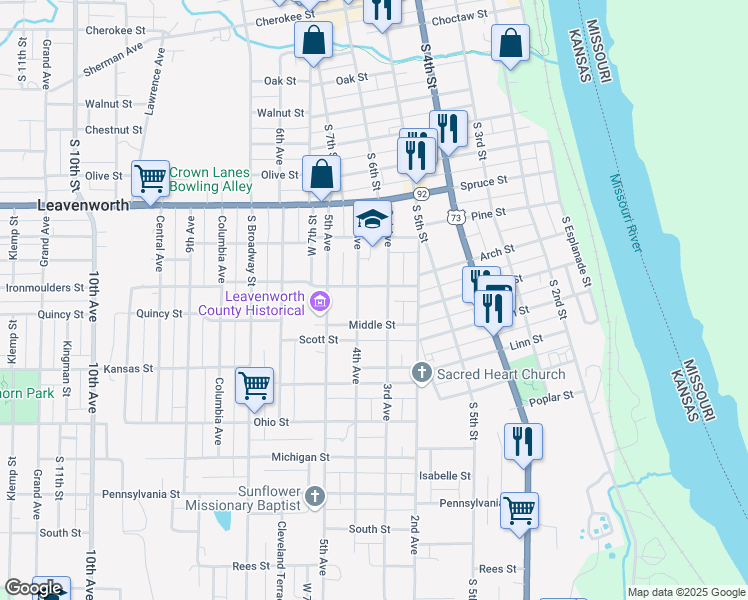 map of restaurants, bars, coffee shops, grocery stores, and more near 1100 3rd Avenue in Leavenworth