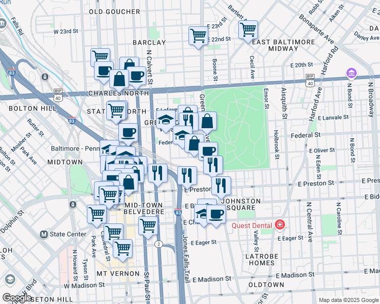 map of restaurants, bars, coffee shops, grocery stores, and more near 1515 Barclay Street in Baltimore