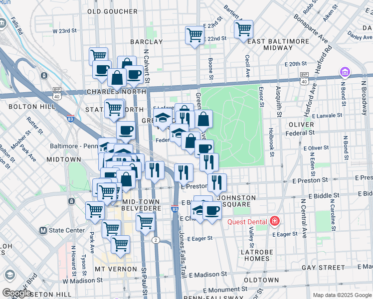 map of restaurants, bars, coffee shops, grocery stores, and more near 1515 Barclay Street in Baltimore