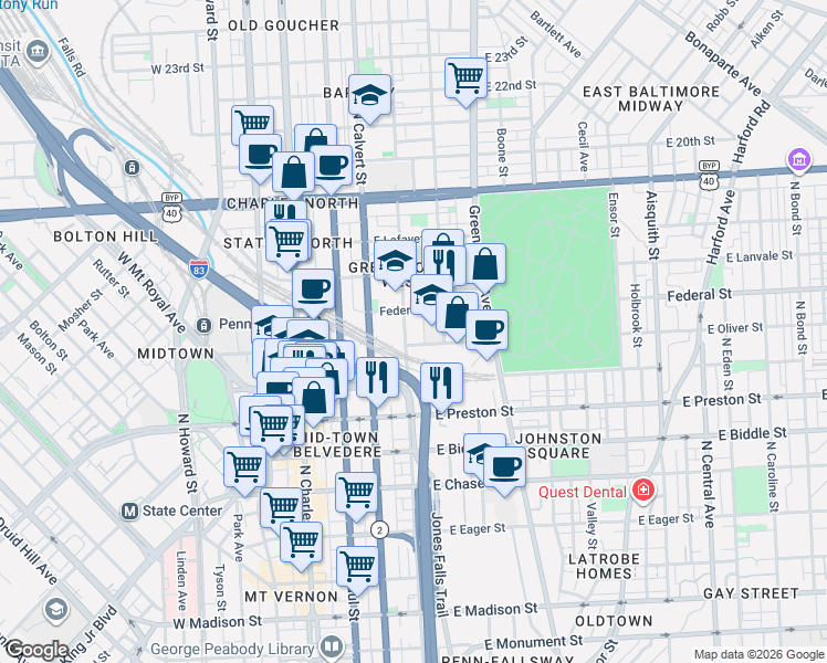 map of restaurants, bars, coffee shops, grocery stores, and more near 1501 Guilford Avenue in Baltimore