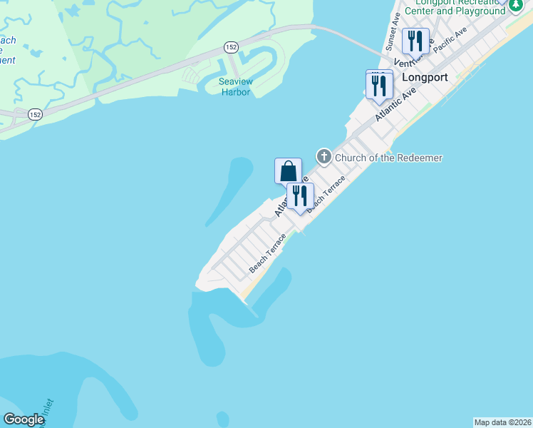 map of restaurants, bars, coffee shops, grocery stores, and more near 1517 Atlantic Avenue in Longport