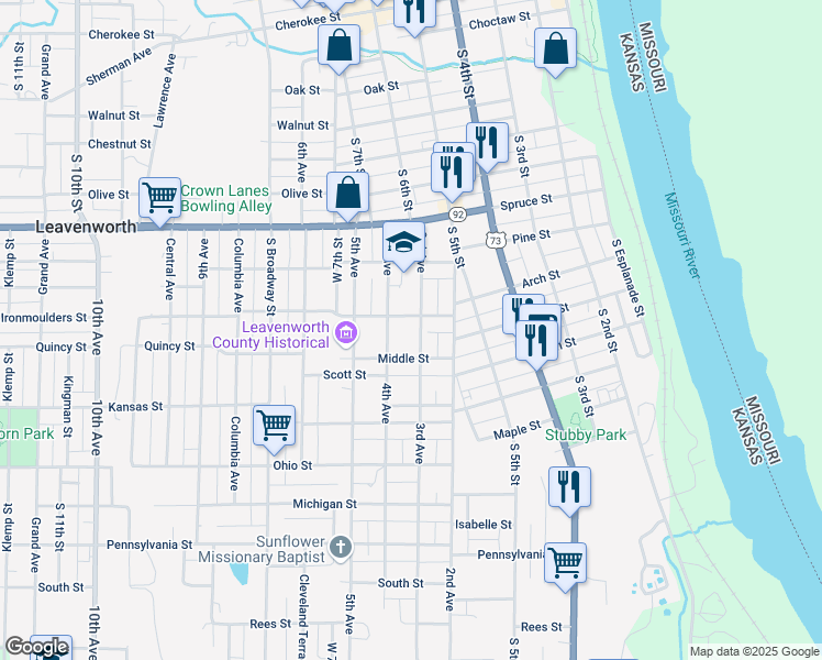 map of restaurants, bars, coffee shops, grocery stores, and more near 1100 3rd Avenue in Leavenworth