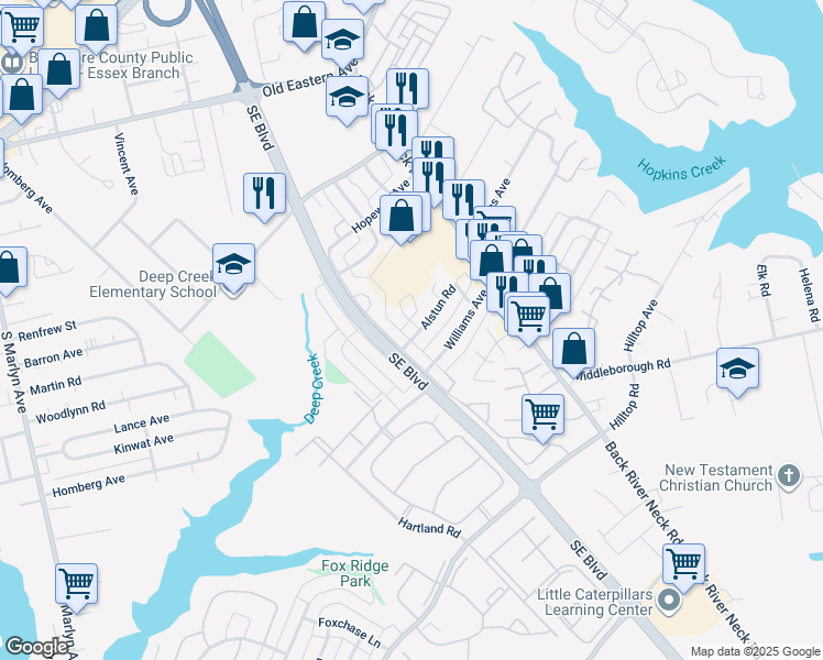 map of restaurants, bars, coffee shops, grocery stores, and more near 1406 Nicolay Way in Essex