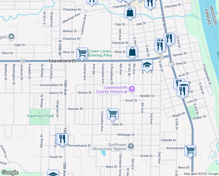 map of restaurants, bars, coffee shops, grocery stores, and more near 1106 South Broadway Street in Leavenworth