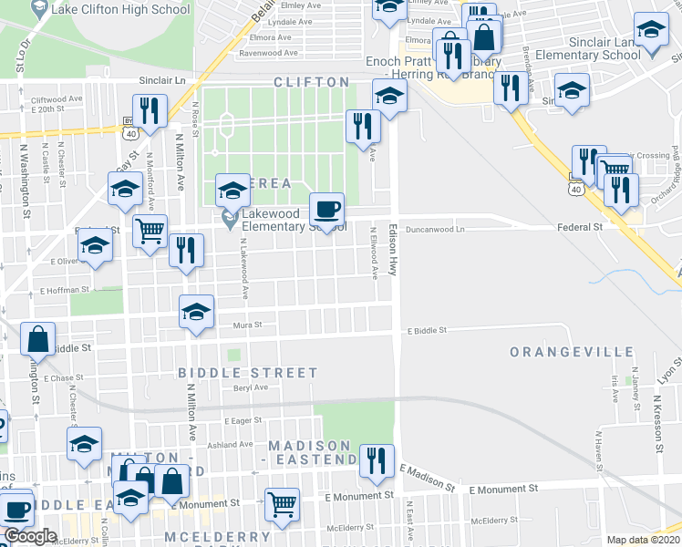 map of restaurants, bars, coffee shops, grocery stores, and more near 1401 North Potomac Street in Baltimore