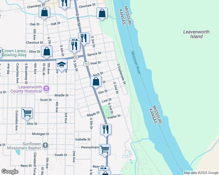 map of restaurants, bars, coffee shops, grocery stores, and more near 210 Elm Street in Leavenworth
