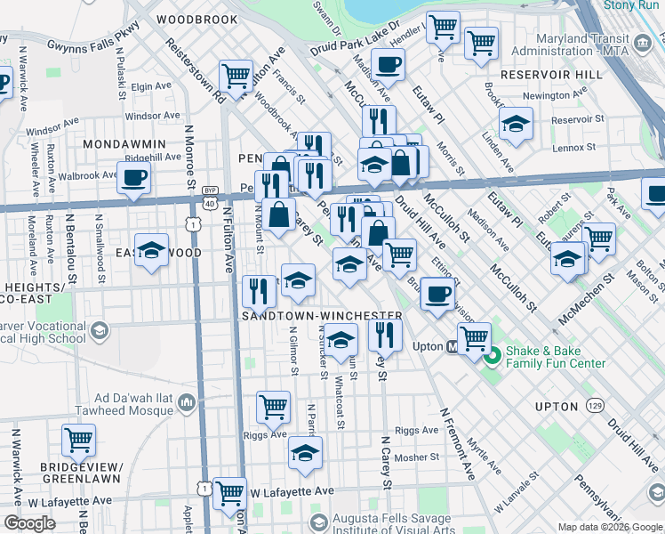 map of restaurants, bars, coffee shops, grocery stores, and more near 701 Baker Street in Baltimore