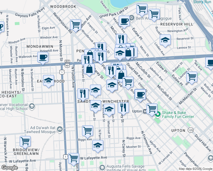 map of restaurants, bars, coffee shops, grocery stores, and more near 701 Baker Street in Baltimore