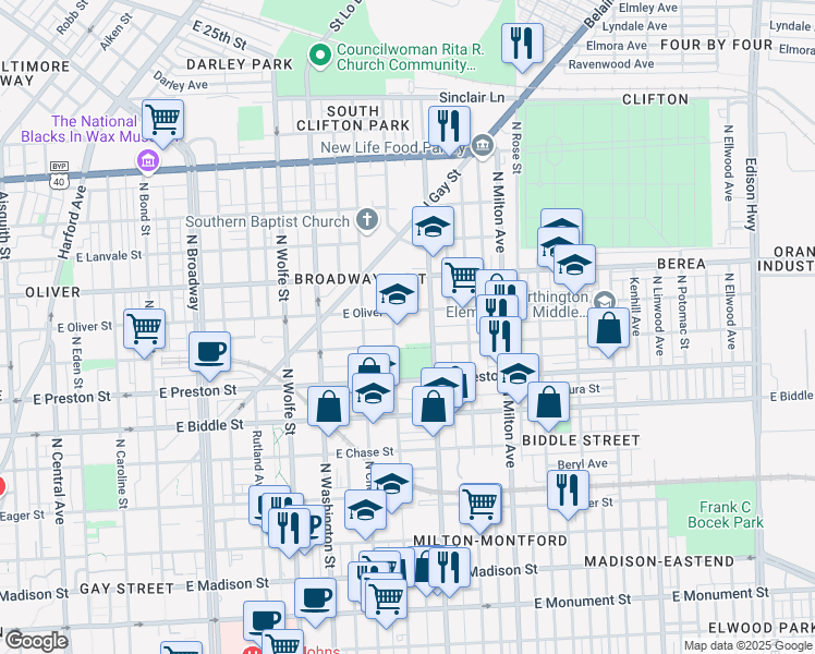 map of restaurants, bars, coffee shops, grocery stores, and more near 1409 North Collington Avenue in Baltimore