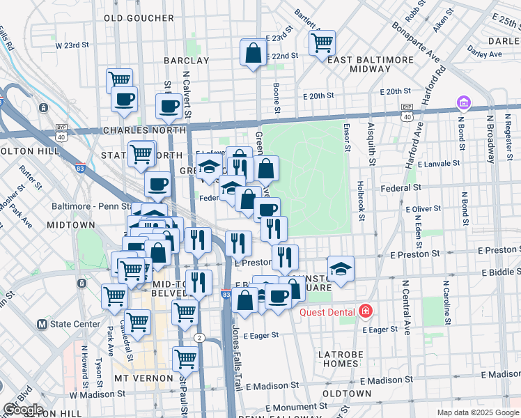 map of restaurants, bars, coffee shops, grocery stores, and more near 101 Independence Avenue Southeast in Washington