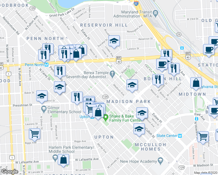 map of restaurants, bars, coffee shops, grocery stores, and more near 424 Robert Street in Baltimore