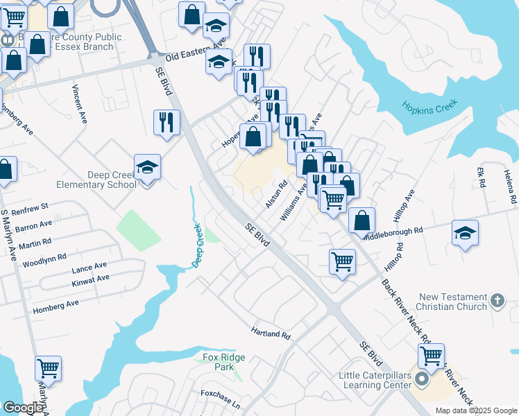 map of restaurants, bars, coffee shops, grocery stores, and more near 1406 Nicolay Way in Essex