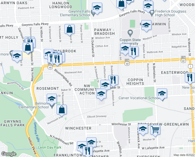 map of restaurants, bars, coffee shops, grocery stores, and more near Presbury St & N Dukeland St in Baltimore