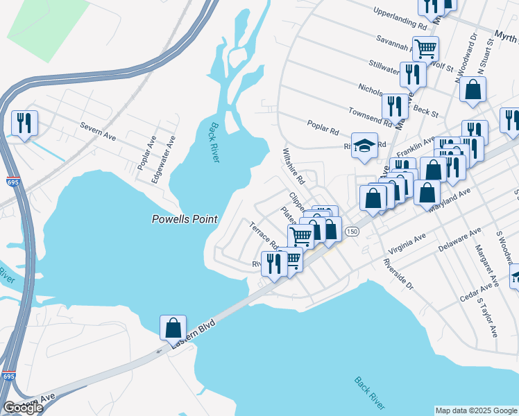map of restaurants, bars, coffee shops, grocery stores, and more near 27 Ridgemoor Road in Essex