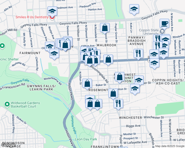 map of restaurants, bars, coffee shops, grocery stores, and more near 3120 Presbury Street in Baltimore
