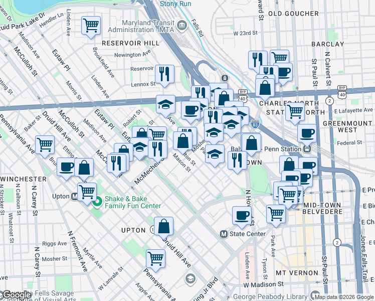 map of restaurants, bars, coffee shops, grocery stores, and more near 1507 Bolton Street in Baltimore