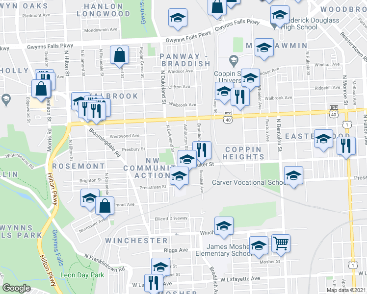 map of restaurants, bars, coffee shops, grocery stores, and more near Presbury Street in Baltimore