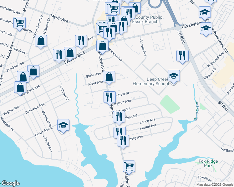 map of restaurants, bars, coffee shops, grocery stores, and more near 910 Renfrew Street in Essex