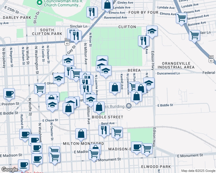map of restaurants, bars, coffee shops, grocery stores, and more near 1401 North Lakewood Avenue in Baltimore