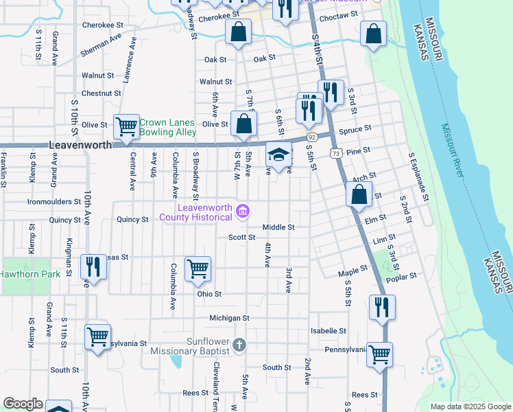map of restaurants, bars, coffee shops, grocery stores, and more near 663 Marshall Street in Leavenworth