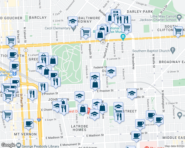 map of restaurants, bars, coffee shops, grocery stores, and more near 1521 Aisquith Street in Baltimore