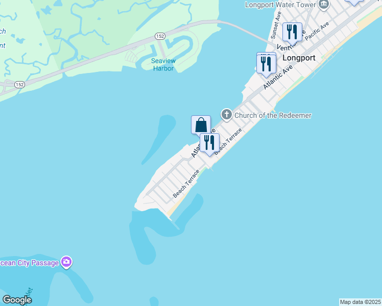 map of restaurants, bars, coffee shops, grocery stores, and more near 1517 Atlantic Avenue in Longport