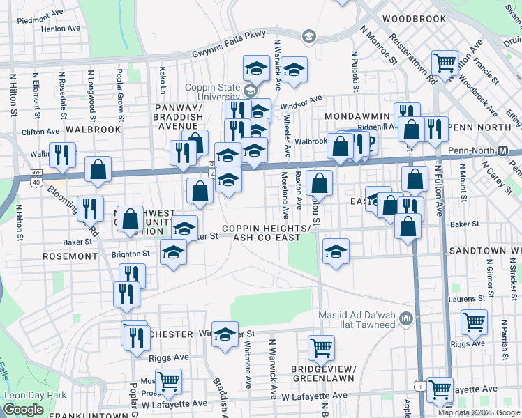 map of restaurants, bars, coffee shops, grocery stores, and more near 1654 North Warwick Avenue in Baltimore