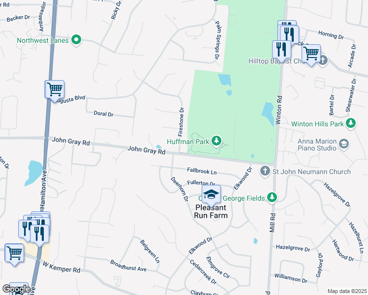 map of restaurants, bars, coffee shops, grocery stores, and more near 6388 Firestone Drive in Fairfield