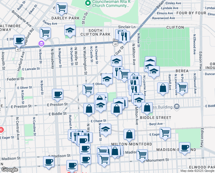 map of restaurants, bars, coffee shops, grocery stores, and more near 1409 North Collington Avenue in Baltimore