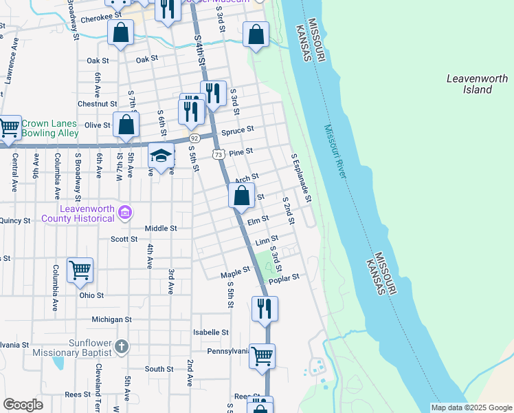 map of restaurants, bars, coffee shops, grocery stores, and more near 1210 South 3rd Street in Leavenworth