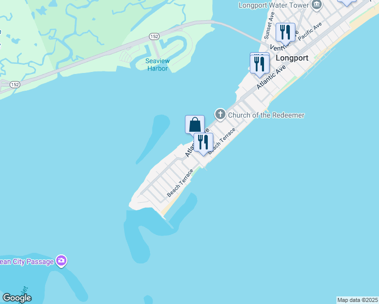 map of restaurants, bars, coffee shops, grocery stores, and more near 1517 Atlantic Avenue in Longport