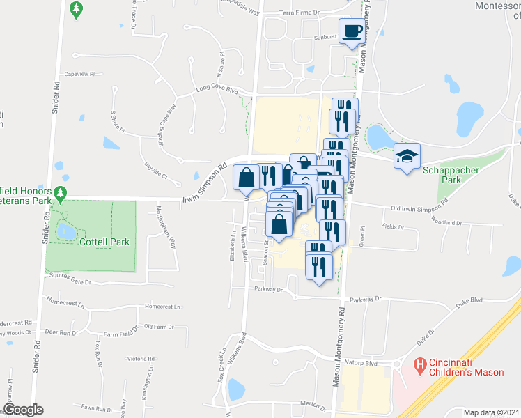 map of restaurants, bars, coffee shops, grocery stores, and more near 9031 Boylston Street in Mason