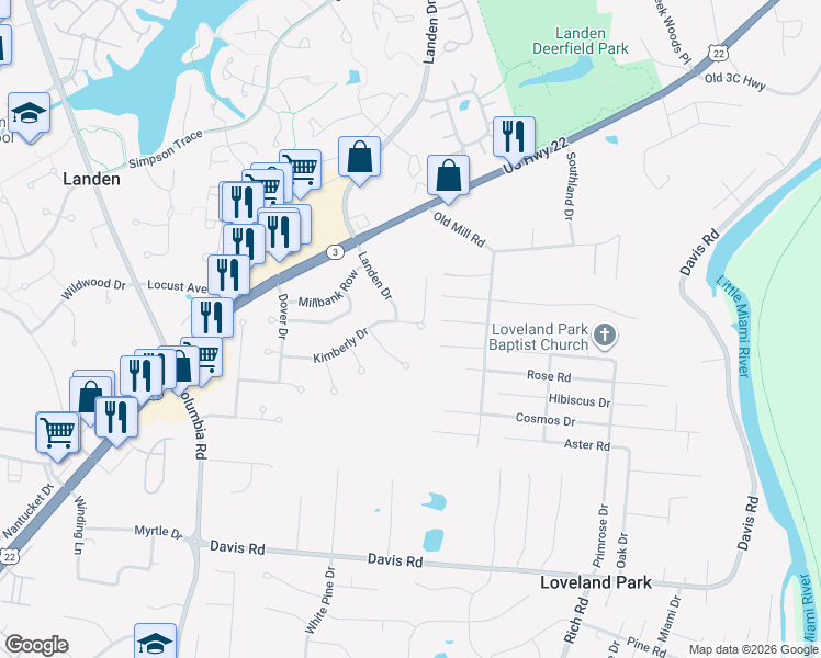 map of restaurants, bars, coffee shops, grocery stores, and more near 2639 Kimberly Drive in Maineville