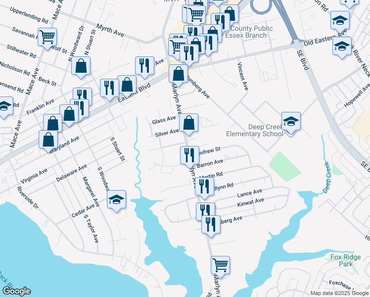 map of restaurants, bars, coffee shops, grocery stores, and more near 404 South Marlyn Avenue in Essex