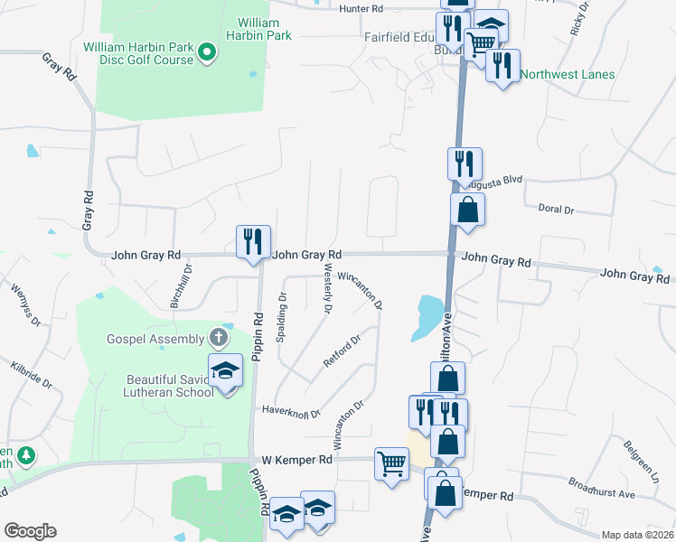 map of restaurants, bars, coffee shops, grocery stores, and more near 12180 Wincanton Drive in Cincinnati