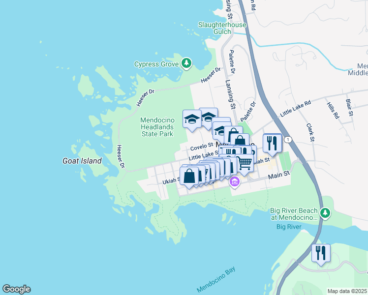 map of restaurants, bars, coffee shops, grocery stores, and more near 10650 William Street in Mendocino
