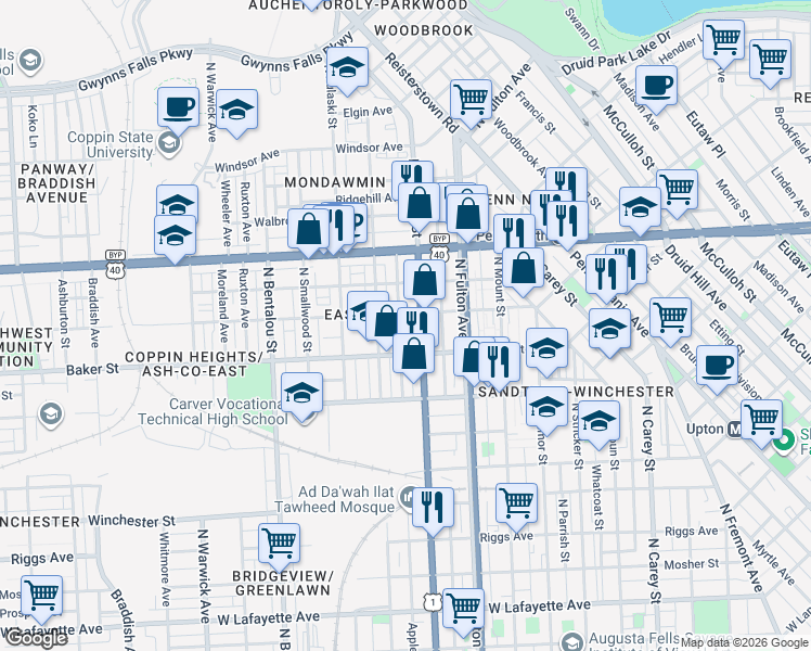 map of restaurants, bars, coffee shops, grocery stores, and more near 1641 Appleton Street in Baltimore