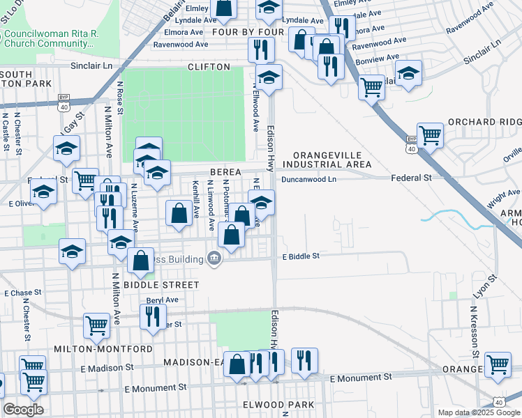 map of restaurants, bars, coffee shops, grocery stores, and more near 1405 North Ellwood Avenue in Baltimore