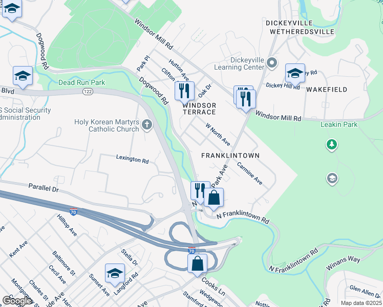 map of restaurants, bars, coffee shops, grocery stores, and more near 5320 Dogwood Road in Woodlawn