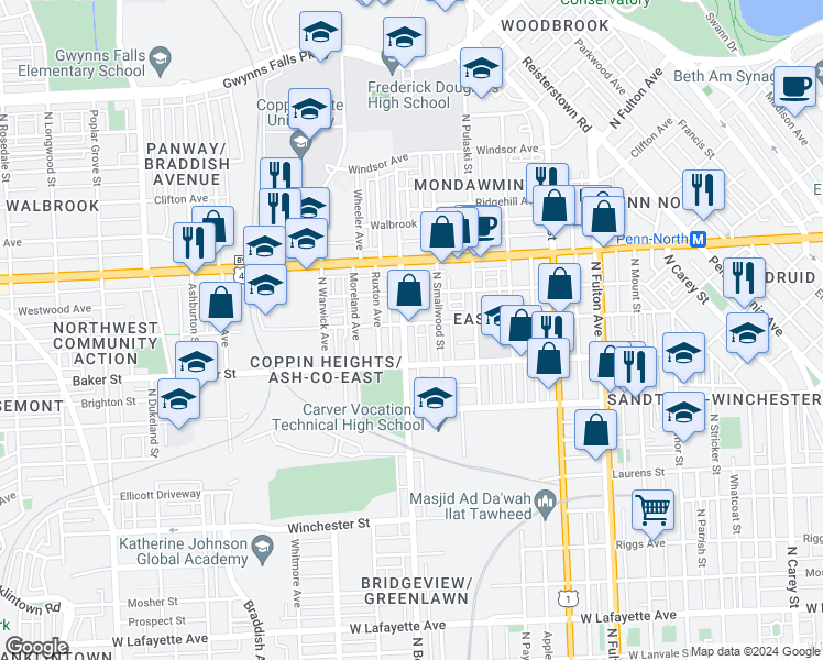 map of restaurants, bars, coffee shops, grocery stores, and more near 1651 North Bentalou Street in Baltimore