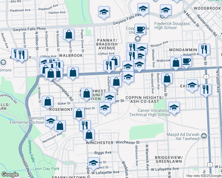 map of restaurants, bars, coffee shops, grocery stores, and more near 1701 Ashburton Street in Baltimore