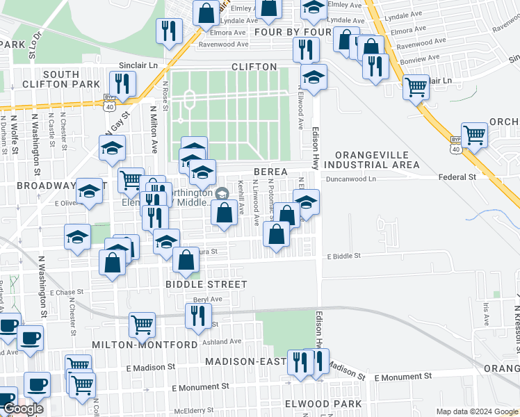 map of restaurants, bars, coffee shops, grocery stores, and more near 1409 North Linwood Avenue in Baltimore