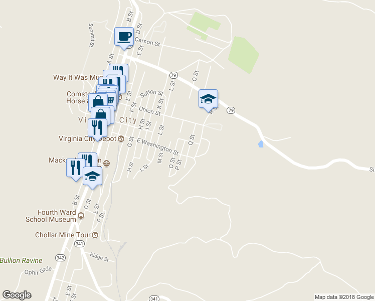 map of restaurants, bars, coffee shops, grocery stores, and more near 130 Q Street in Virginia City