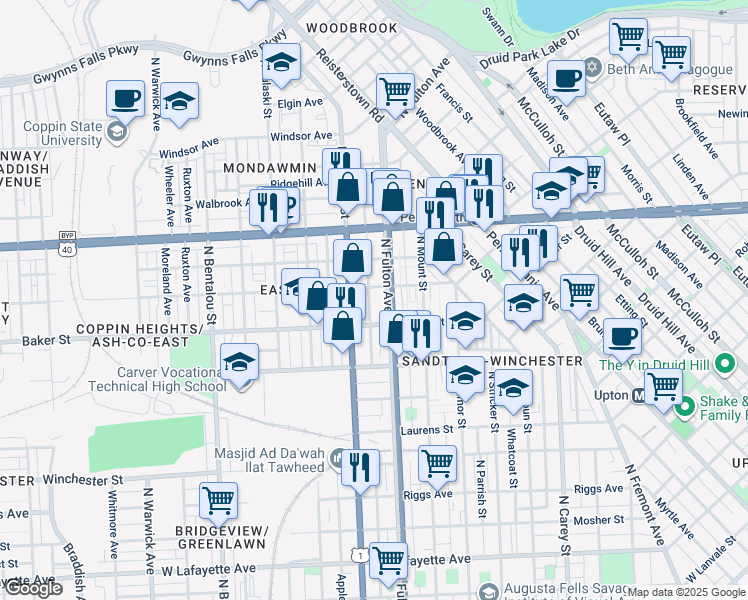 map of restaurants, bars, coffee shops, grocery stores, and more near 1639 McKean Avenue in Baltimore