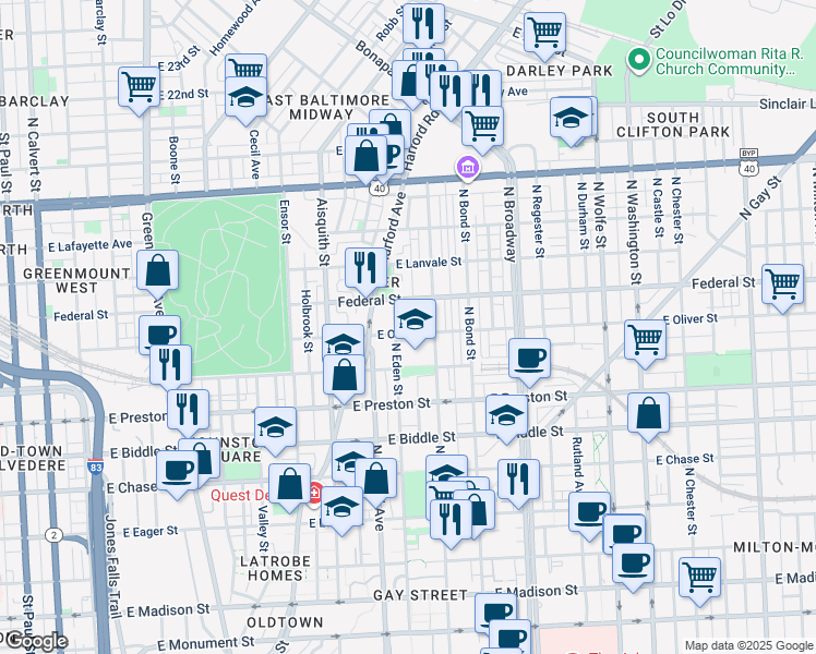 map of restaurants, bars, coffee shops, grocery stores, and more near 1408 East Oliver Street in Baltimore