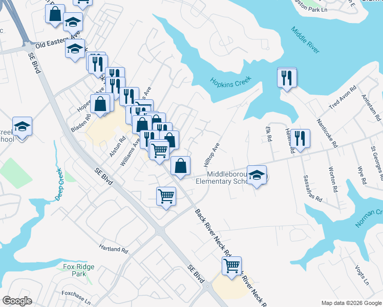 map of restaurants, bars, coffee shops, grocery stores, and more near Driftwood Court in Essex